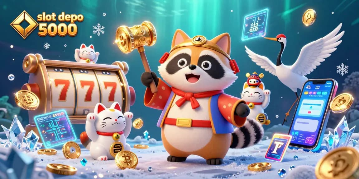 Engage with slot depo 5000 through a vibrant 3D illustration showcasing a cheerful tanuki and slot game elements.