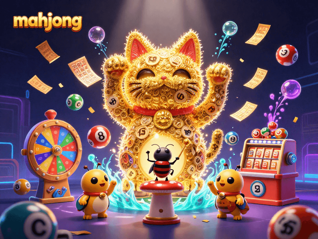 Engage in mahjong with a vibrant 3D lucky cat and dynamic gaming symbols.