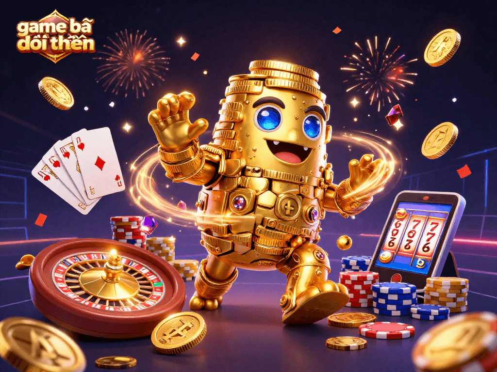 Engage in the thrilling game bài đổi thưởng with vibrant visuals of a golden golem, coins, and festive gaming elements.