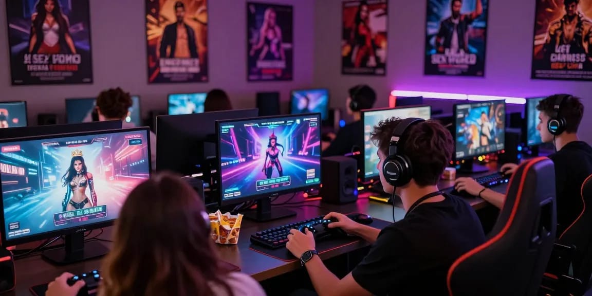 Engaging scene of players enjoying porn games at a vibrant gaming setup, showcasing interactive titles and a lively atmosphere.