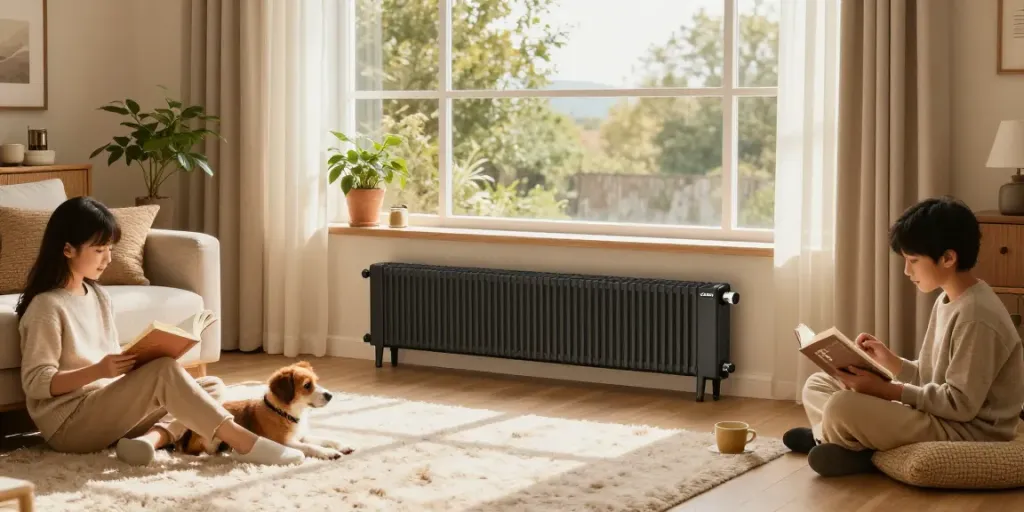 Cozy living room with a CIARRA electric radiator providing warmth in a family setting.