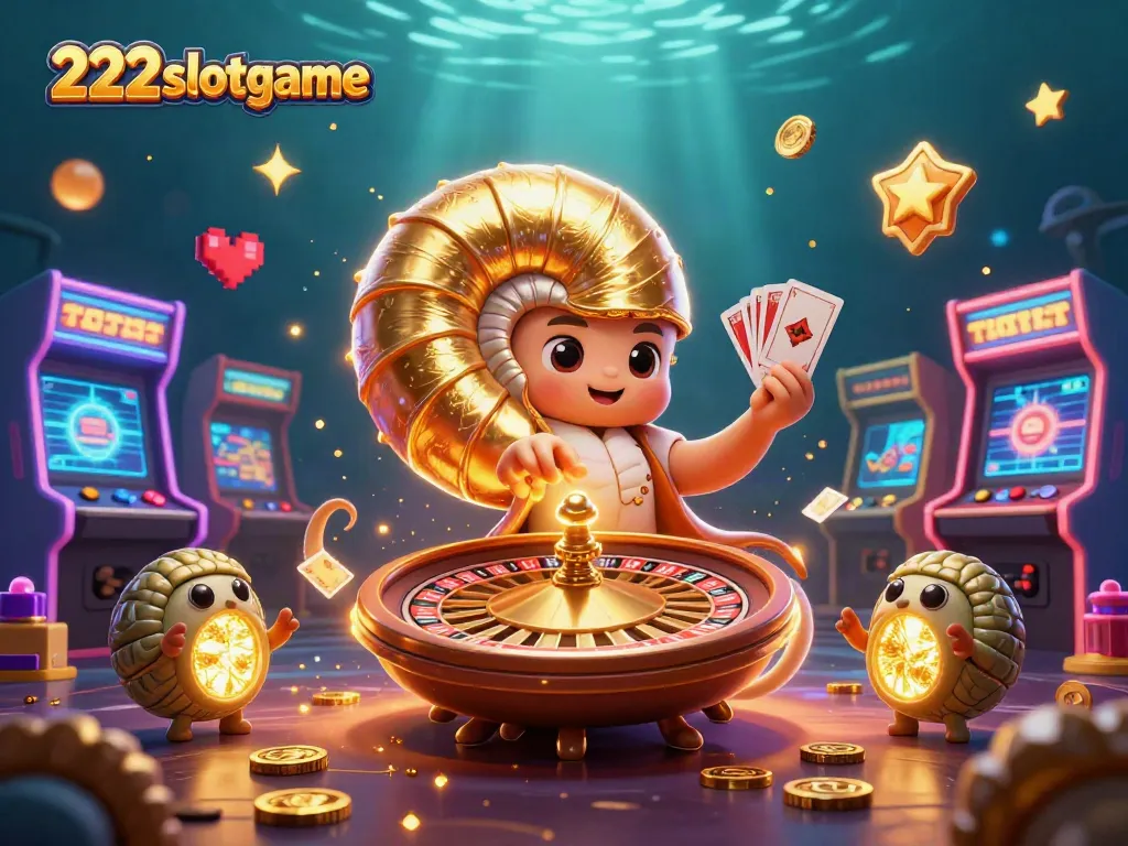 Menangkan permainan di 222slotgame dengan karakter unik dalam latar belakang berkilau.