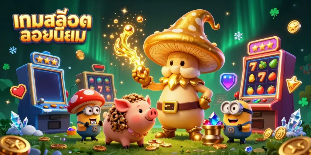 Experience the excitement of เกมสล็อตยอดนิยม with enchanting gaming scenes featuring golden treasures and vibrant slot machines.