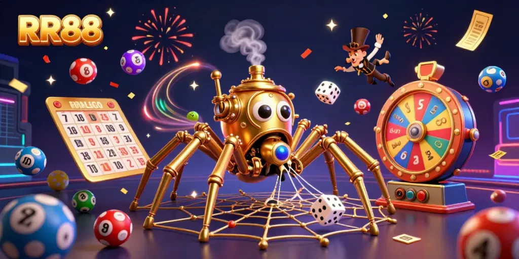 Experience thrilling gameplay at RR88 with vibrant lottery balls and steampunk characters in a dynamic casino scene.