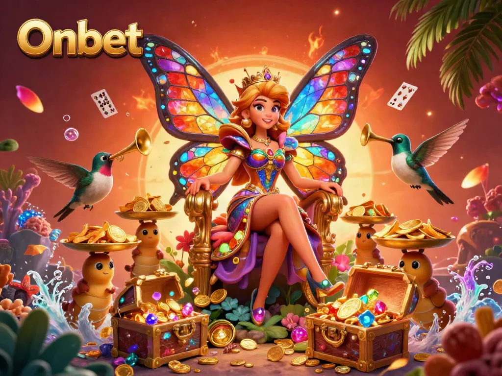 Experience the vibrant energy of Onbet with a butterfly queen surrounded by casino treasures and games.