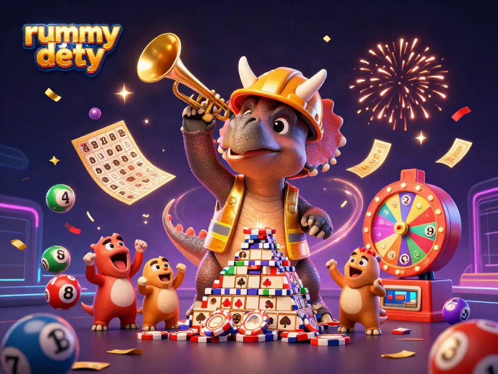 Gambarkan permainan kartu rummy deity dengan karakter triceratops dan elemen kasino yang meriah.
