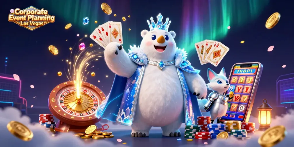 Engage in Corporate Event Planning Las Vegas with a vibrant 3D illustration portraying exciting casino elements.