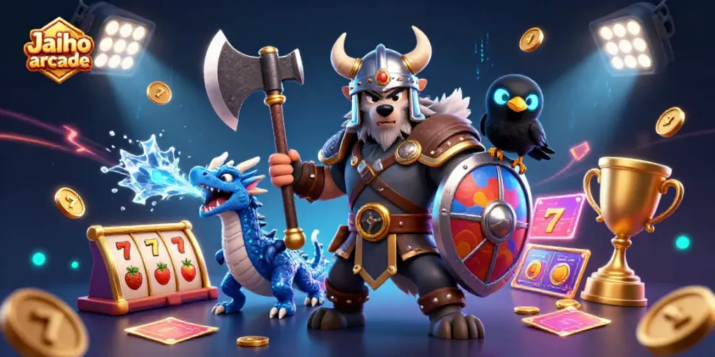 Experience high-stakes gaming with Jaiho arcade's vibrant 3D illustration of thrilling slot reels and treasures.