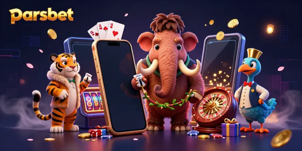 parsbet temalı kumarhaneye giriş yapan 3D hayvan karakterleri ile dolu renkli bir sahne.