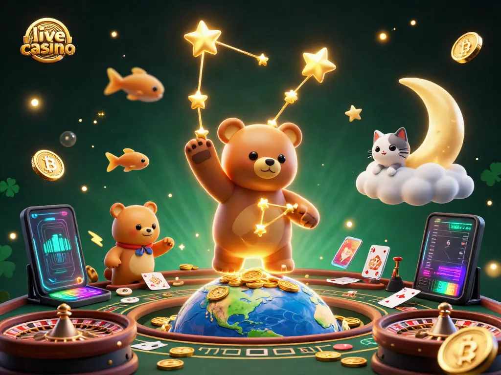 Meja baccarat dan elemen dealer dalam permainan live casino yang menarik, dalam ilustrasi 3D yang kaya warna.