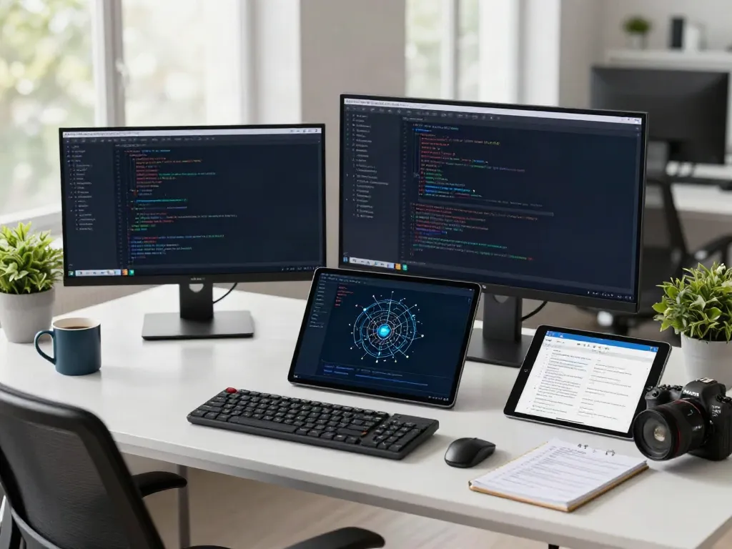 v2rayN官网 developer working in a modern tech workspace with dual monitors and coding interfaces.