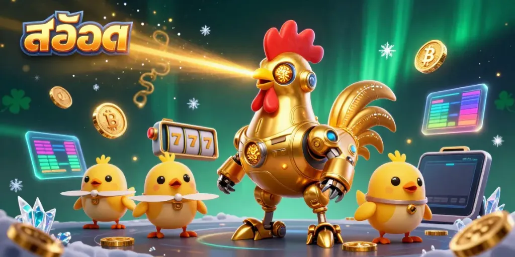 สล็อต เล่นโดยใช้หุ่นยนต์ไก่ทองคำในคาสิโนที่เต็มไปด้วยสัญลักษณ์และเงินเหรียญ