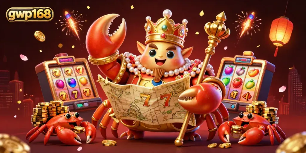 Mengungkap sensasi permainan slot di gwp168 dengan kepiting emas dan kerumunan krustasea membawakan chip emas di latar belakang kasino.
