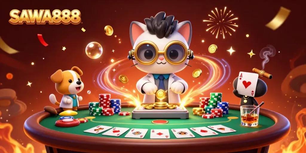 Experience the excitement of poker and gaming with SAWA888 in this vibrant 3D casino illustration.
