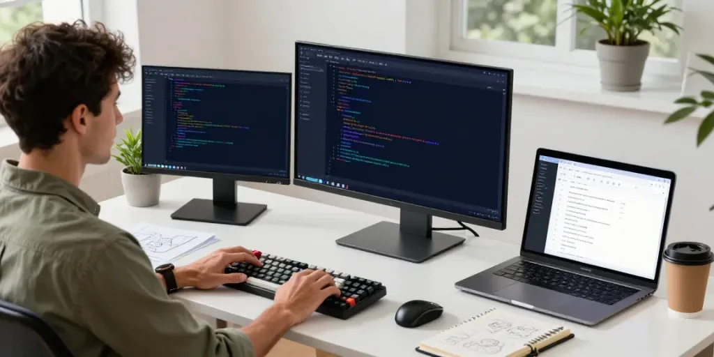 Developer coding with Notepad++ on dual monitors at https://notepad-app.co/ workspace.