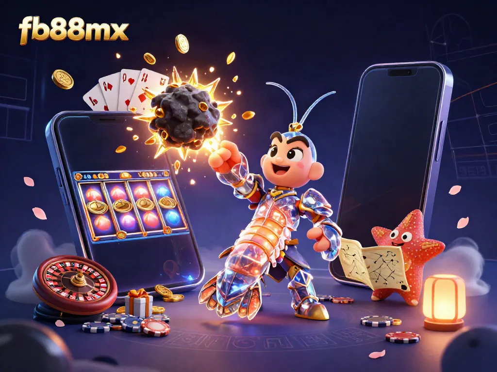 Experience the excitement of fb88mx with dynamic gaming scenes featuring colorful slot games and golden treasures.