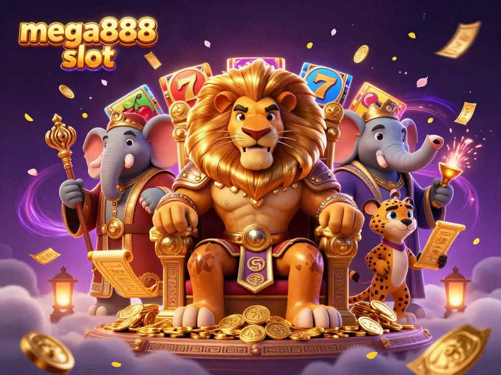 Engage with the mega888 slot world featuring a lion king, elephant advisor, and cheetah messenger.
