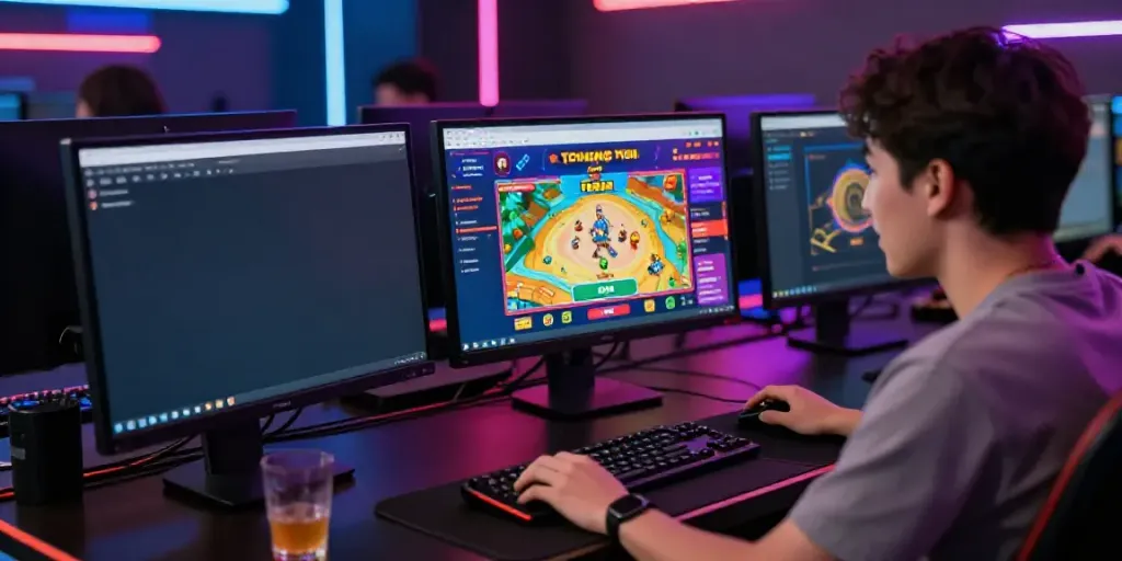 Engaging player enjoying Togel online gaming experience at night with vibrant graphics.