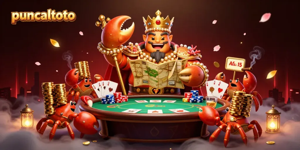 Puncaktoto menghadirkan gambar ilustrasi 3D detail tinggi dari raja kepiting emas dengan tema kasino, membawa peta harta karun.