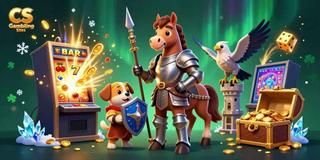 Experience thrilling CS Gambling Sites with a knight, puppy, and falcon amidst vibrant casino elements.
