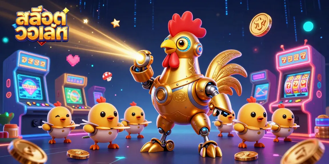 Experience สล็อตวอเลท in a vibrant 3D casino scene featuring a futuristic rooster robot and arcade games.