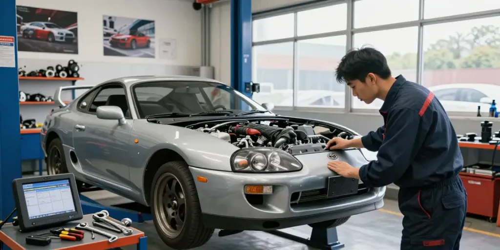 Technician examining the A80 platform Toyota Supra engine in a well-equipped garage