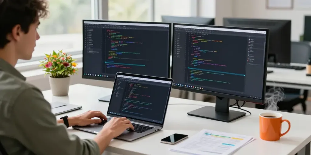 Developer coding with Notepad++ in a modern office workspace