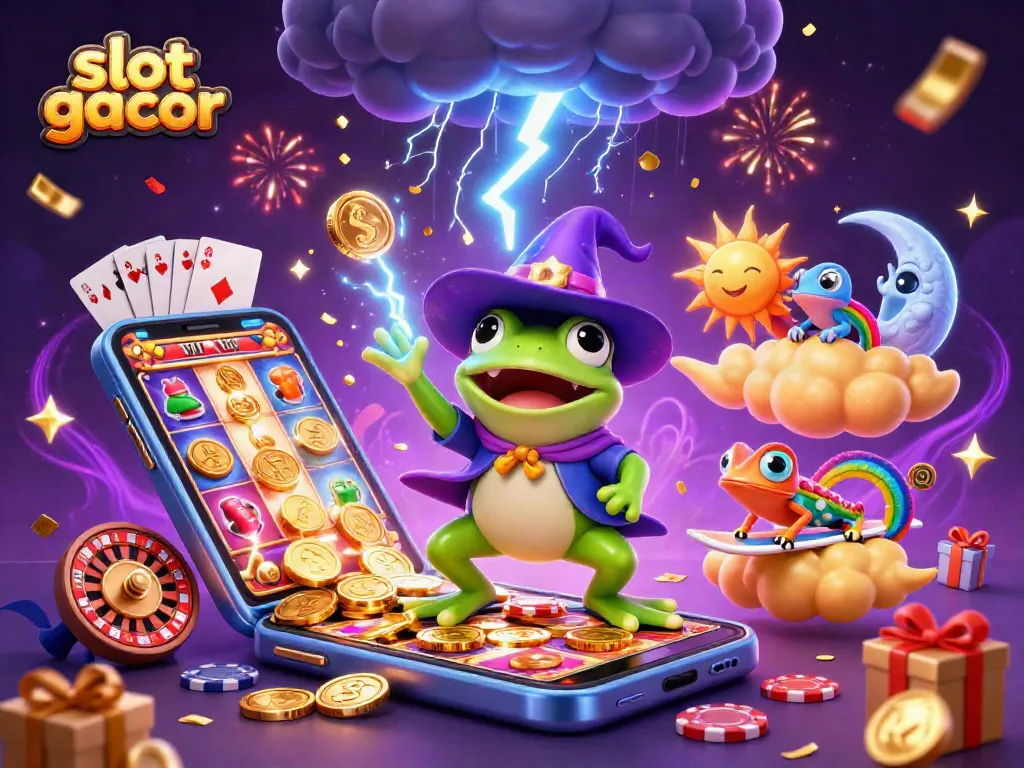 Mendapatkan slot gacor dengan frog penyihir dan chameleon di tengah petir koin emas, menggampar slot game yang menarik