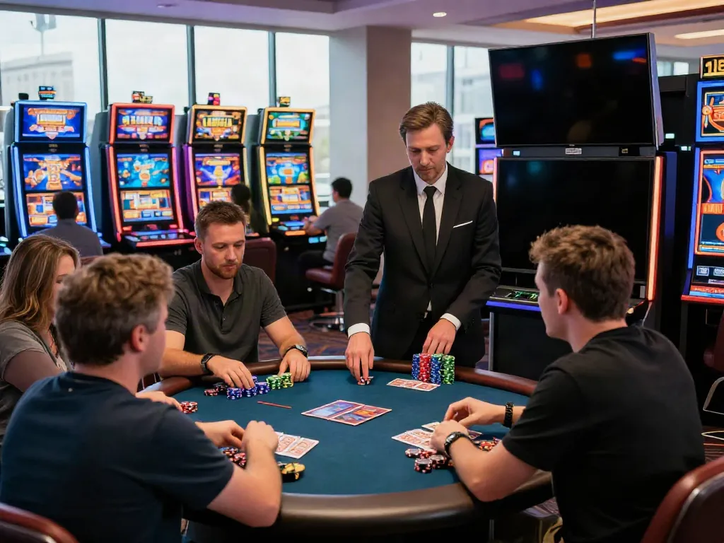 Exciting A80 online casino gaming scene with players at vibrant slot machines and poker table.