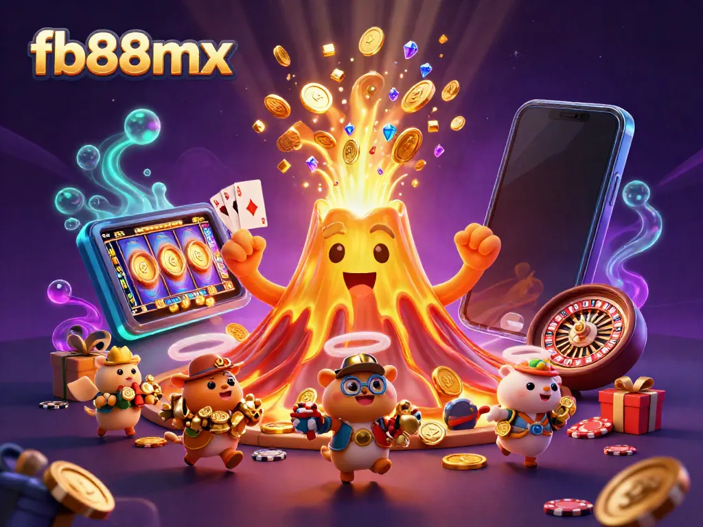 Experience excitement at fb88mx with treasure from a vibrant volcano in this animated casino scene.