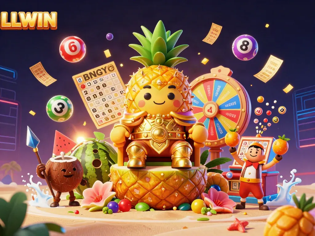 Engage with LLWIN's vibrant casino scene featuring a golden pineapple king and dynamic gaming elements.