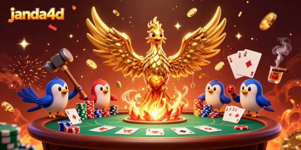 Permainan menakjubkan di janda4d dengan phoenix emas dan elemen poker yang mewah.