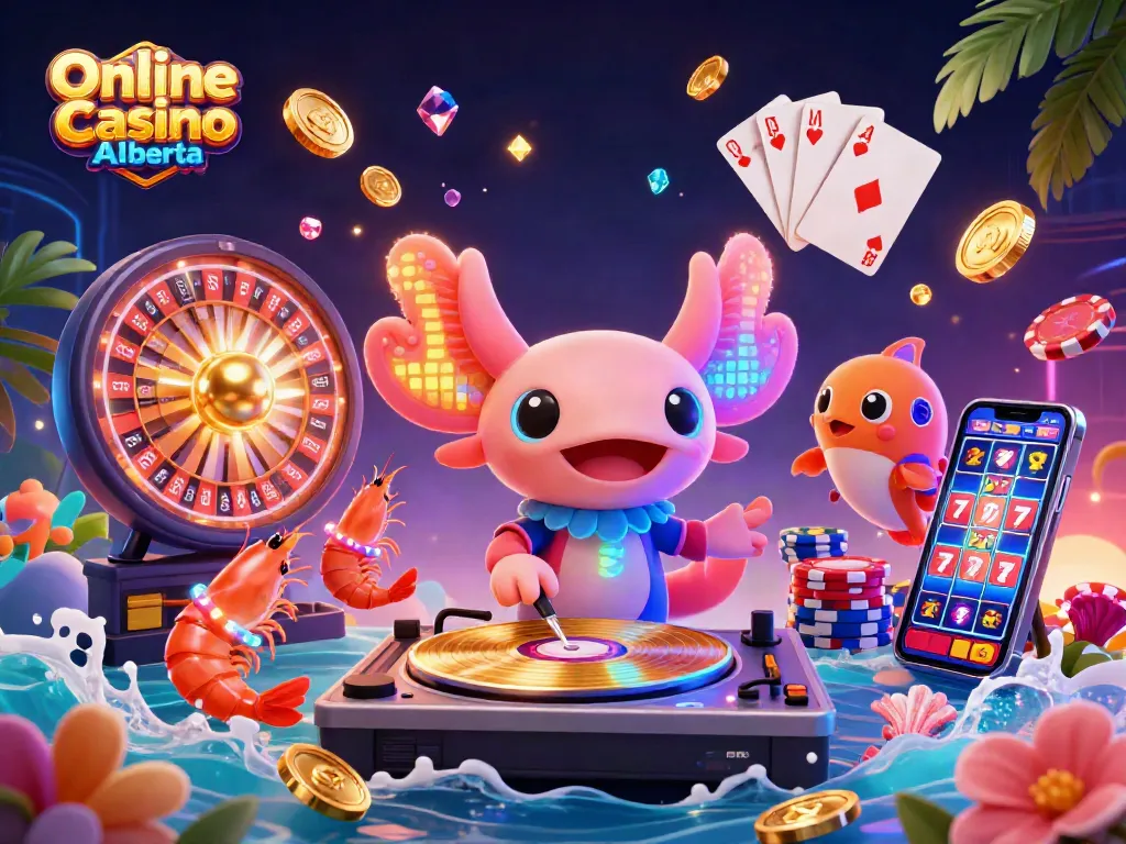 Experience the thrill of Online Casino Alberta with a vibrant scene featuring a DJ axolotl and animated casino elements.