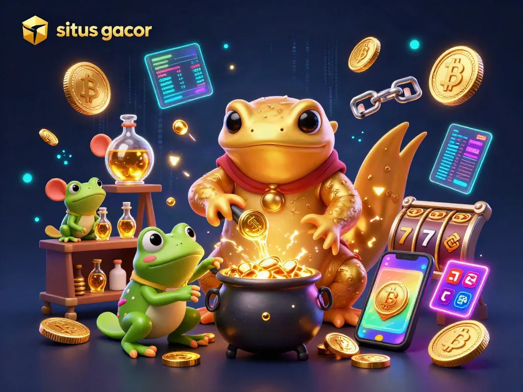 Mempersembahkan situs gacor dengan simbol jackpot dan koin emas dalam ilustrasi kasino 3D yang megah.