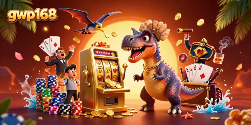 GWP168 untuk meraih jackpot dengan mesin slot emas dalam ilustrasi kasino yang ramai.