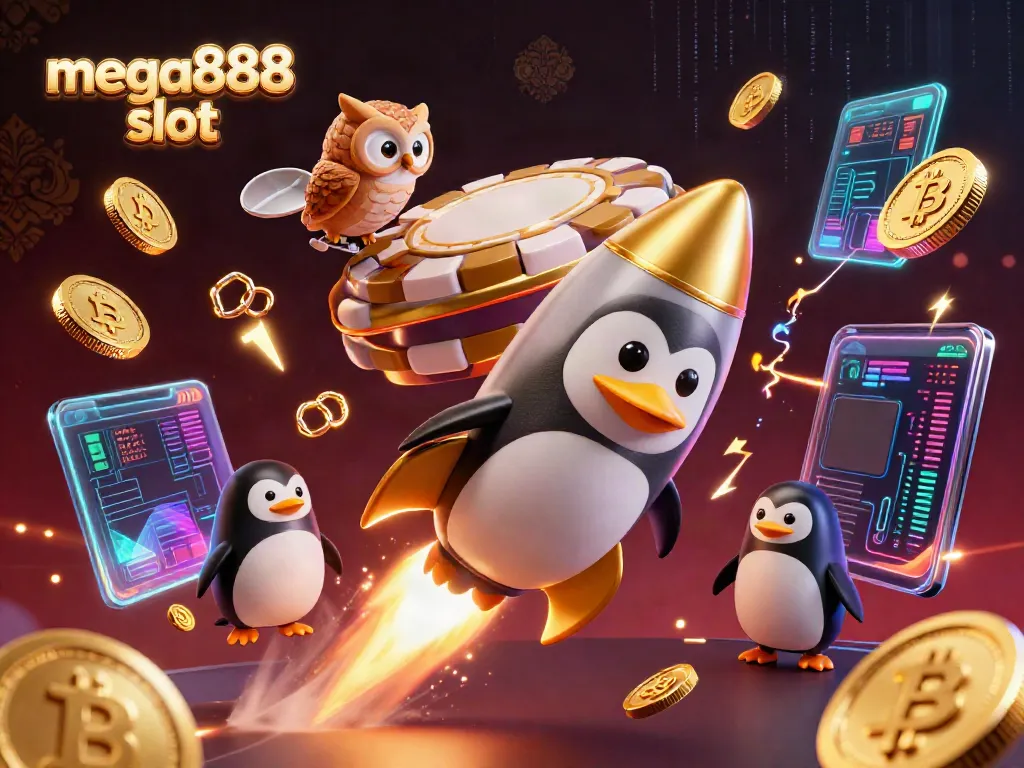 Experience the exciting mega888 slot universe with a golden penguin racing towards a casino, surrounded by dynamic digital elements.