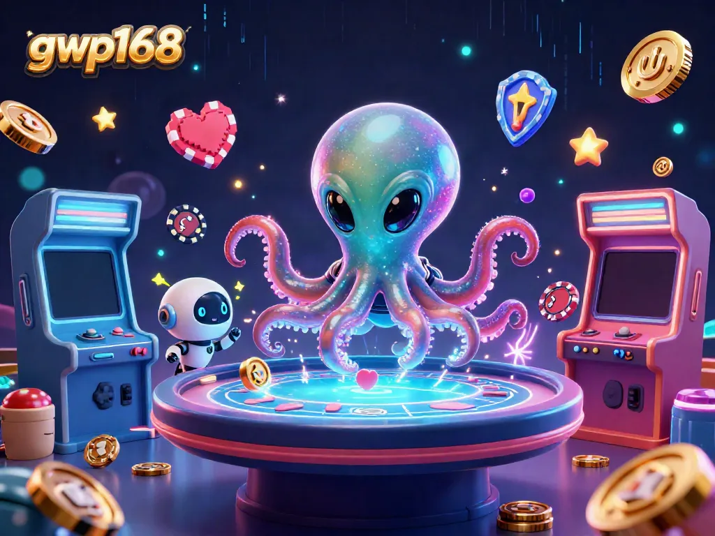 GWP168 menarik perhatian dengan ilustrasi alien dan robot di meja poker holografik.