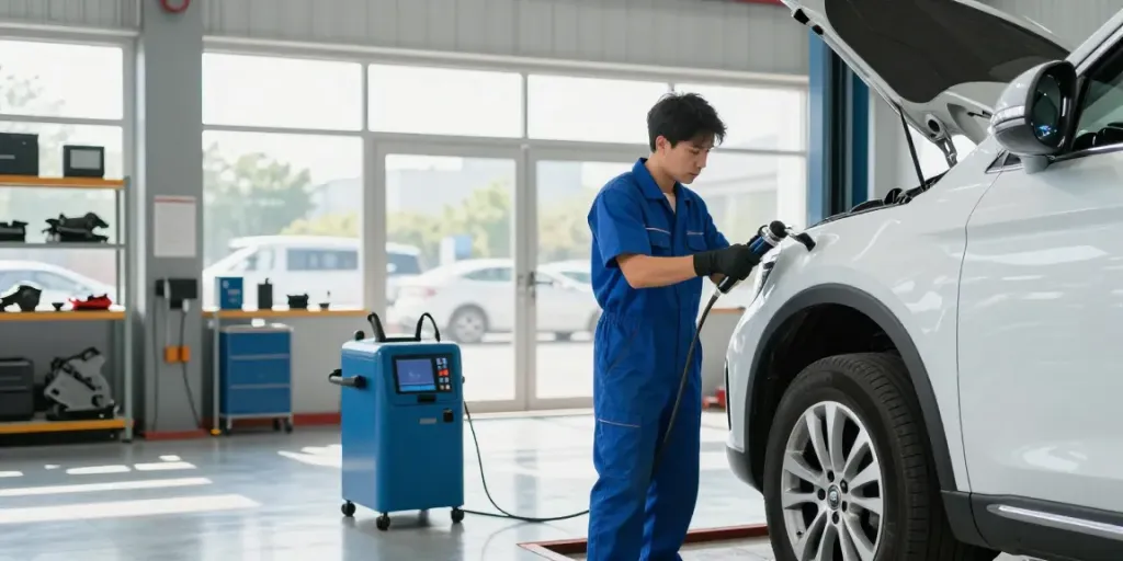 DPF Reinigung Hannover in einer modernen Werkstatt mit einem Techniker.