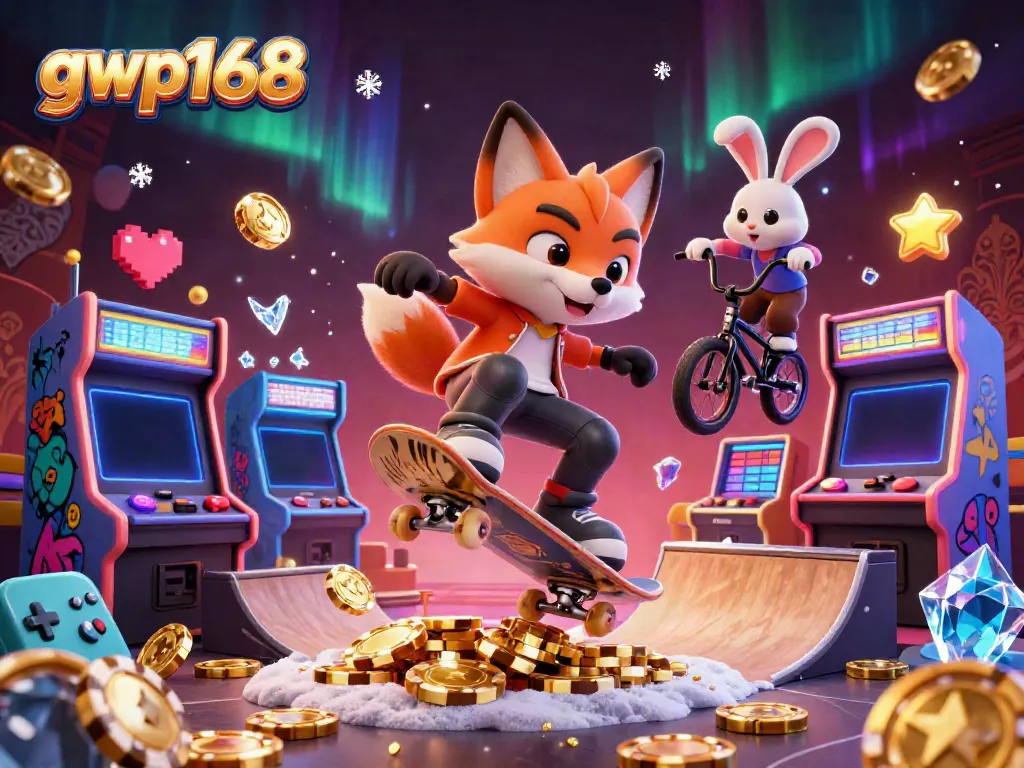 GWP168 menampilkan petualangan seru dalam dunia game dengan karakter kartun yang penuh warna dan elemen kasino menarik.