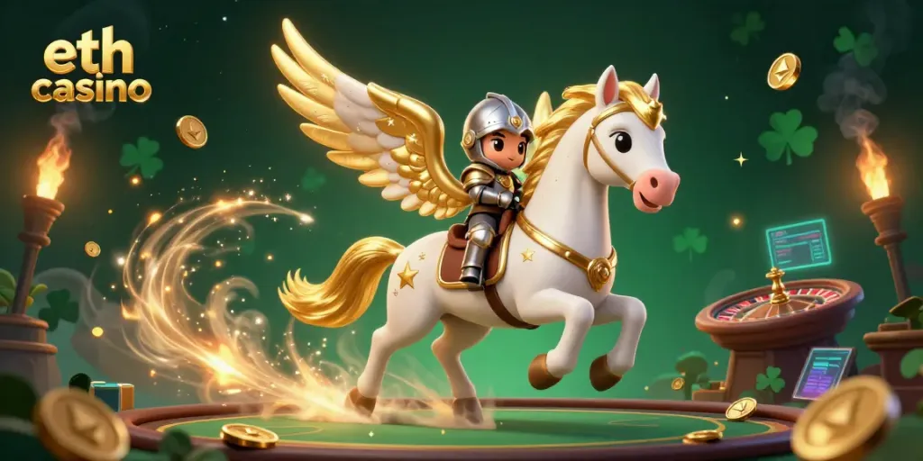 Engage with eth casino adventures in a vibrant 3D illustration featuring a knight and celestial horse.