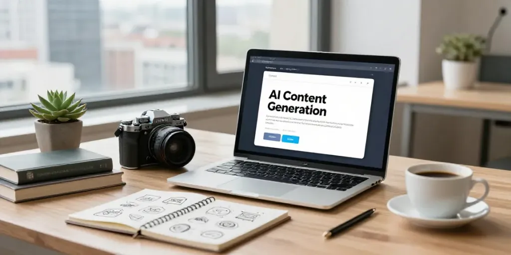 AI content generation for bloggers scene with a focused writer at a digital workspace.
