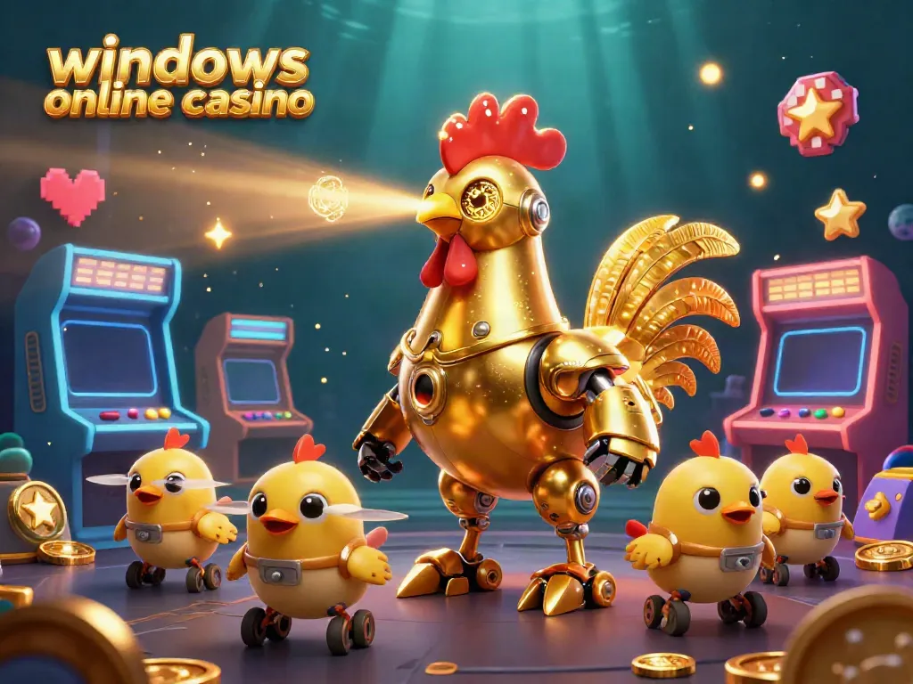 Engage with interactive games at the vibrant windows online casino, featuring a playful golden rooster robot.