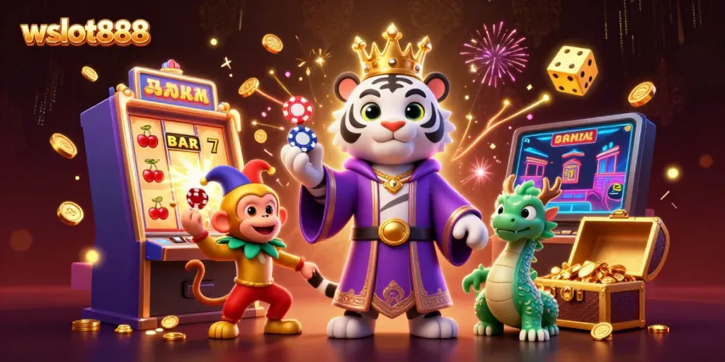 Wslot888 menampilkan ilustrasi karakter slot yang bersemangat dengan jackpot dan permainan menarik.
