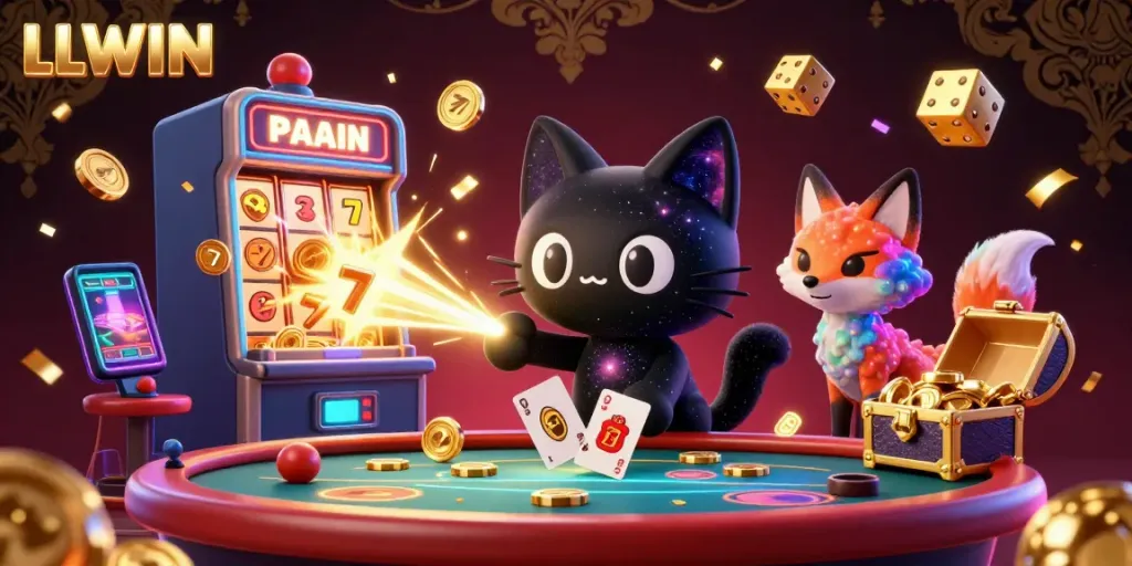 Experience the magical world of LLWIN as a cosmic black hole cat captivates players at a vibrant casino table, pulling in golden winnings.