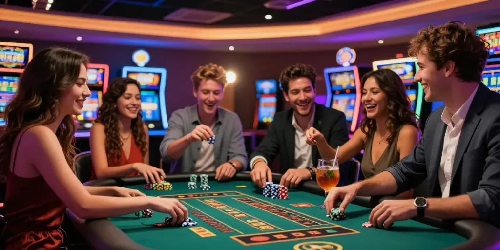 Exciting casino celebration scene featuring Lucky777 gaming table with friends.