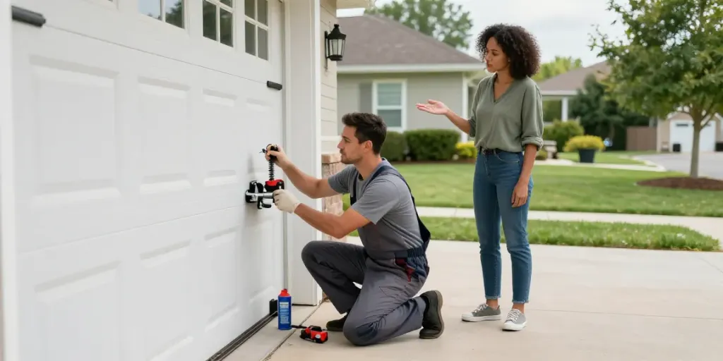 Technician inspecting a garage door stuck midway during repair in a residential setting.