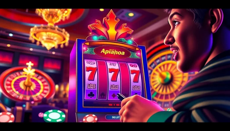 Experience the excitement of playing the slot apiraja88 with vibrant casino elements surrounding the machine.