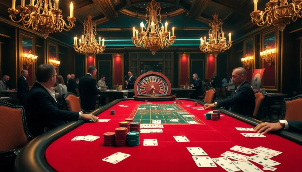 The hidden wiki dark web illustrated through a vibrant, luxurious casino scene with poker chips, cards, and roulette.