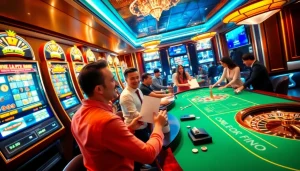Excited players enjoying vibrant casino games at https://x88ni.com/, showcasing slot machines and poker tables.