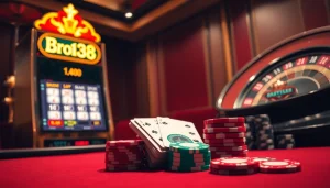 Experience the excitement of Bro138 at a luxurious casino with vibrant slot machines and poker games.